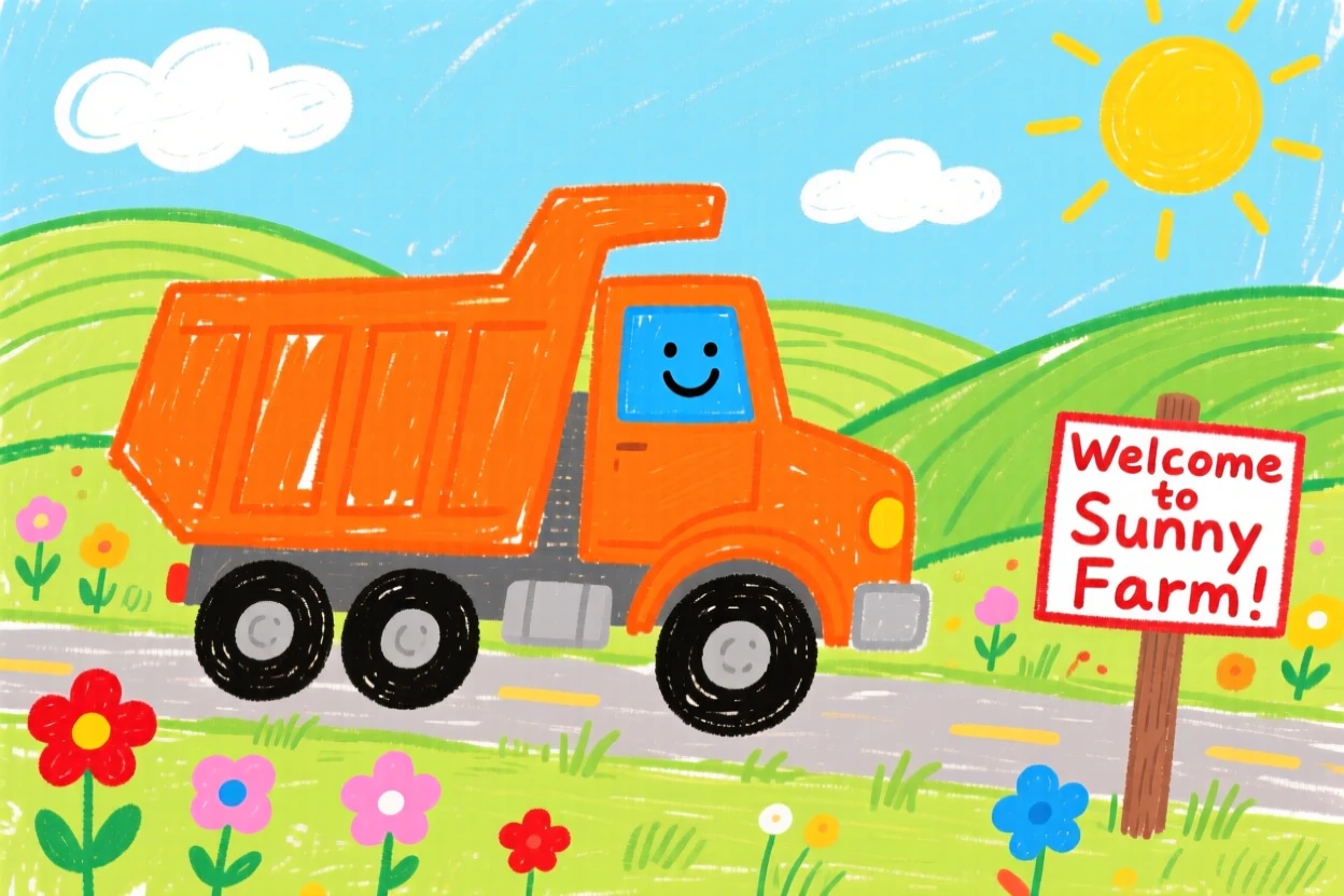 A bright orange dump truck driving through a sunny countryside.
