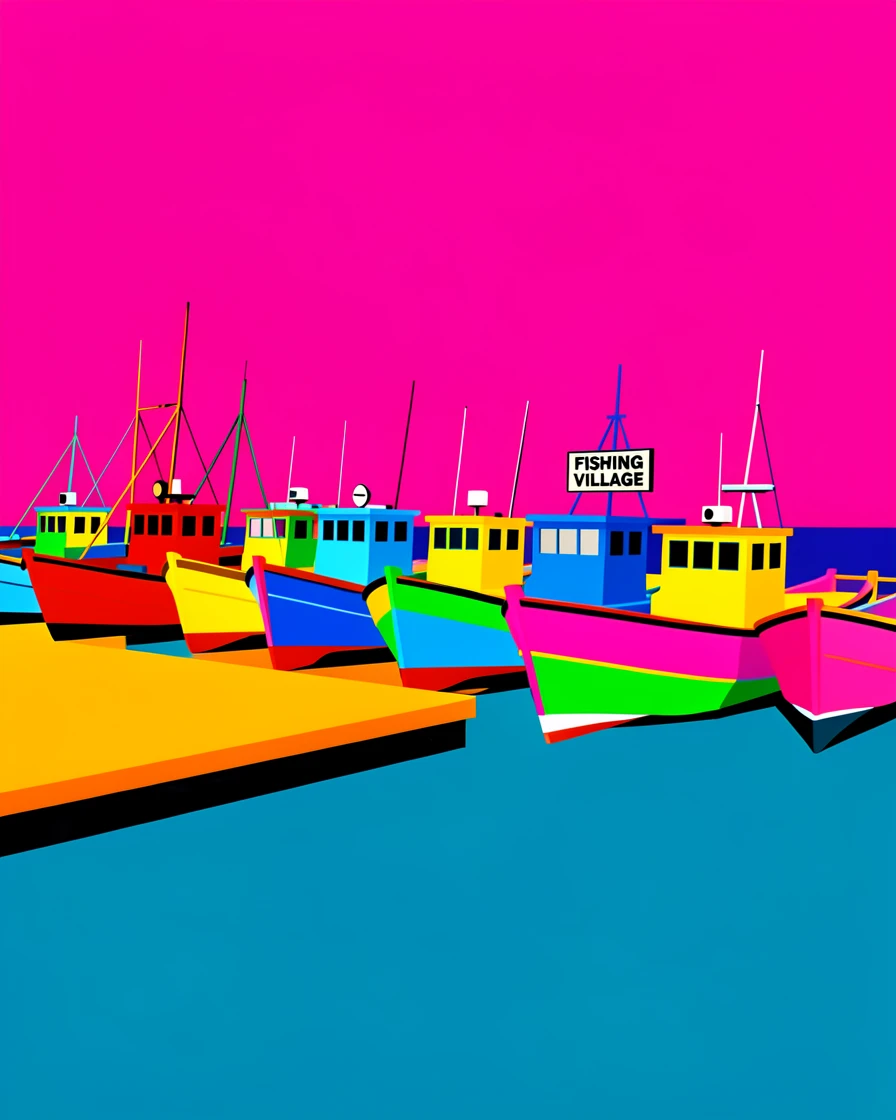 Fishing village with boats lined along the dock