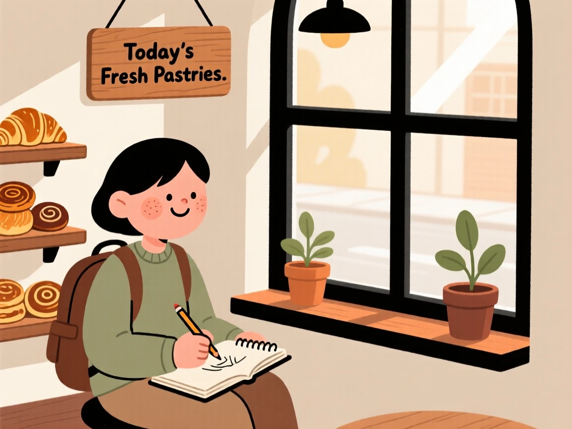 A traveler sits by the window of a small tea house, sketching in a notebook as the smell of warm pastries fills the air.