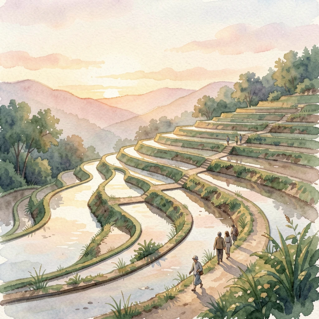 Terraced rice paddies cascading down a hillside at sunrise with travelers strolling along the path.