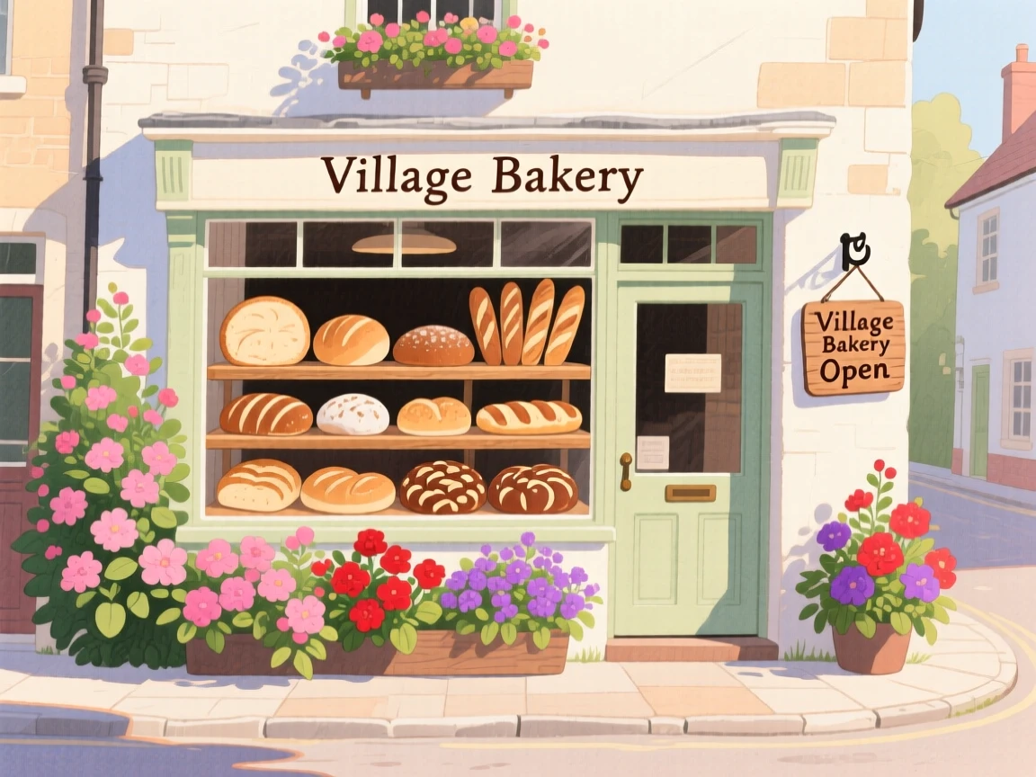 A small village bakery with bread in the window, framed by blooming flowers and soft afternoon light.