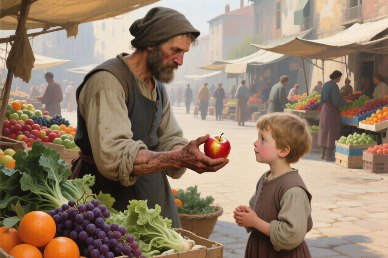 A fruit seller offering a ripe apple to a curious passing child as ordinary labor takes on unexpected grace, set within a bustling market square filled with color and life, with worn hands, simple clothing, and the honest textures of daily labor; the horizon and open sky give even modest labor room to breathe, filled with gentle humor, warmth, and community spirit.