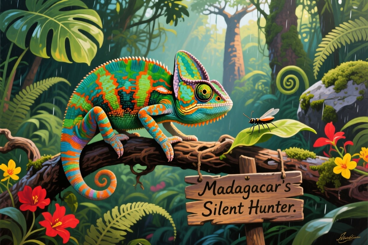 A colorful chameleon perched on a branch changes color as it stalks an insect, its independently rotating eyes tracking movement in a lush Madagascar forest, the surrounding habitat rendered in enough detail to suggest a specific time and place.
