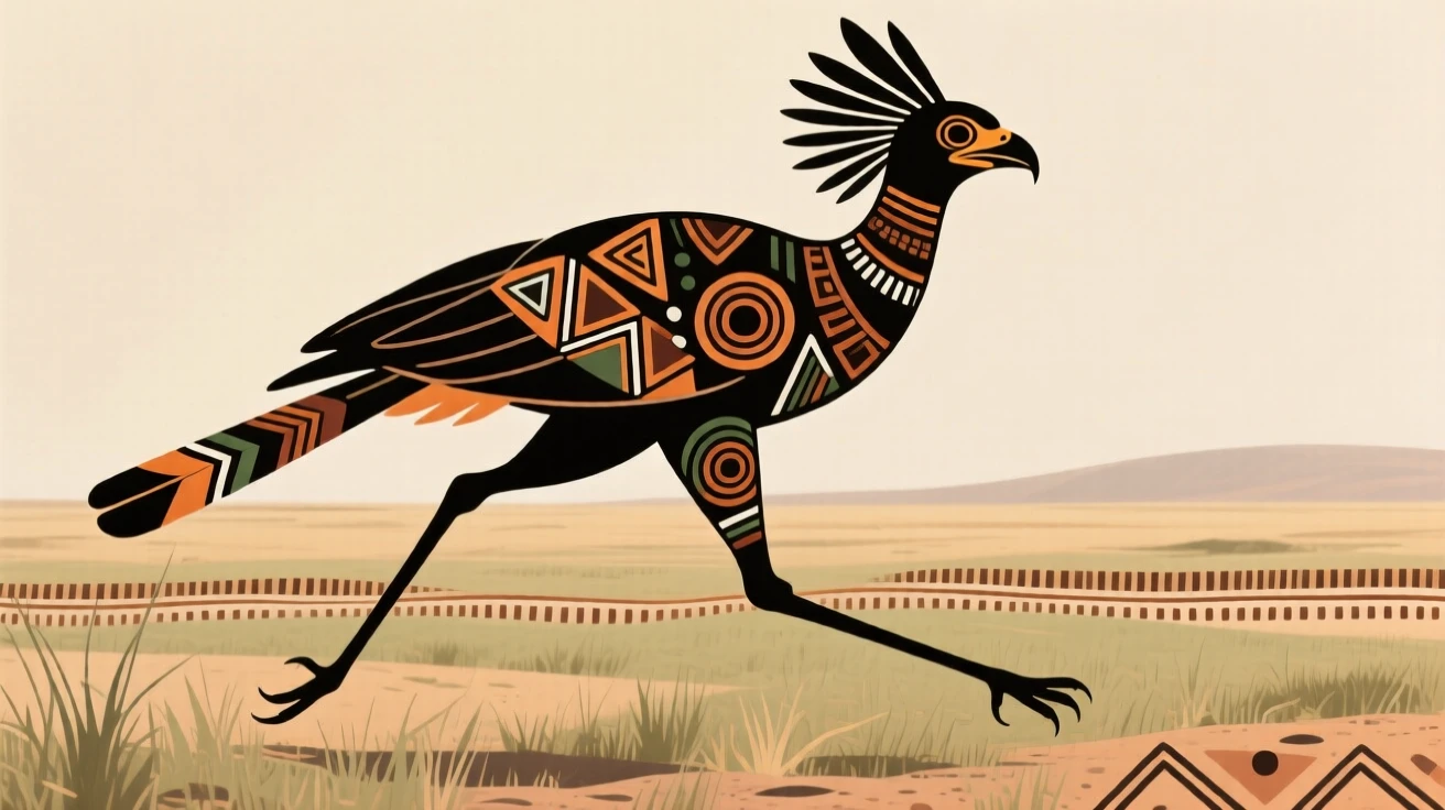A secretary bird running across the open plain.
