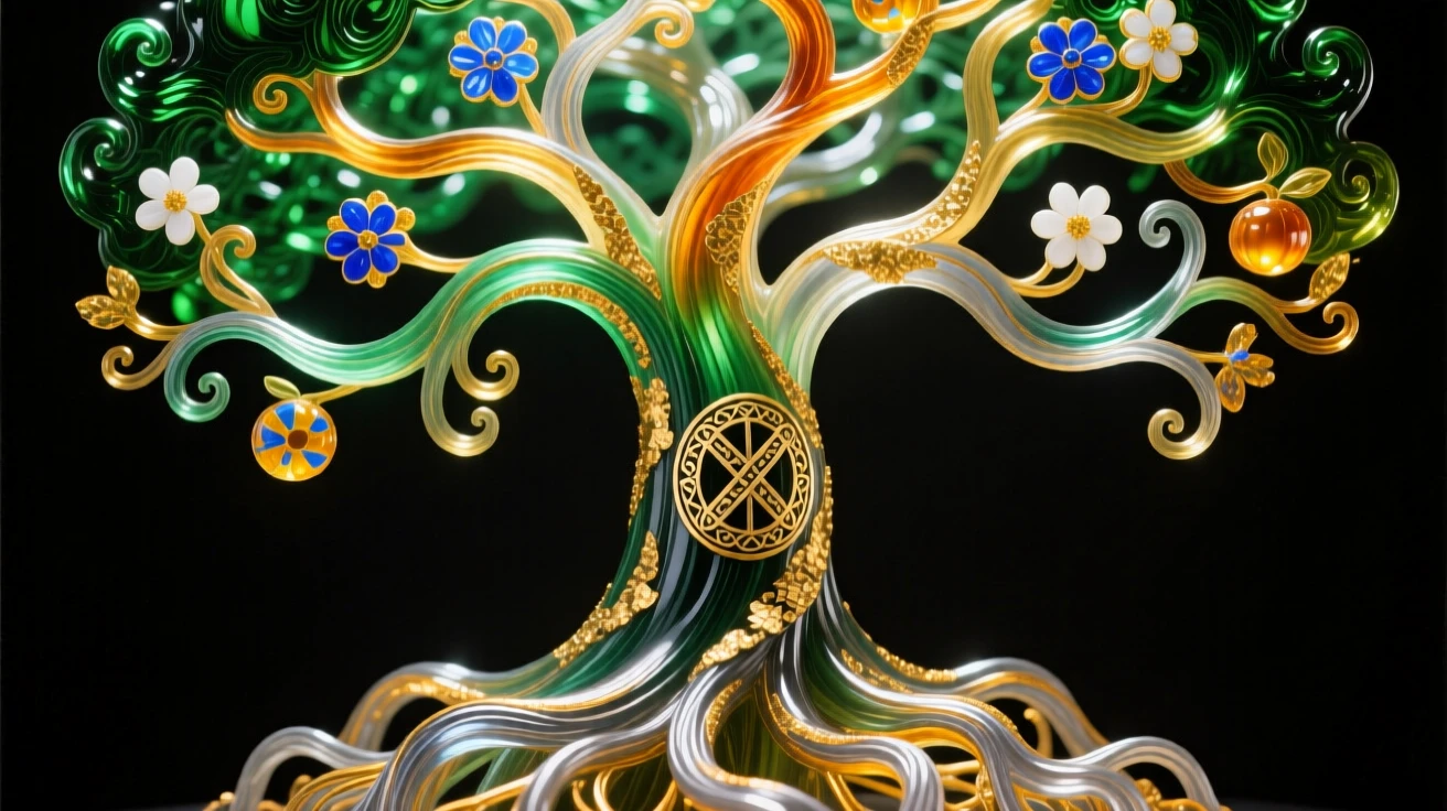 A Norse world tree Yggdrasil with roots and branches spanning realms, vast and mythic.
