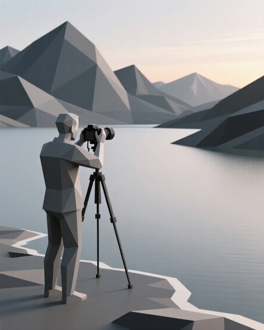 A photographer capturing a sweeping mountain vista, beside a tranquil lake at dawn. natural light enhances the vibrant colors of the scene. The scene feels energetic and inspiring.