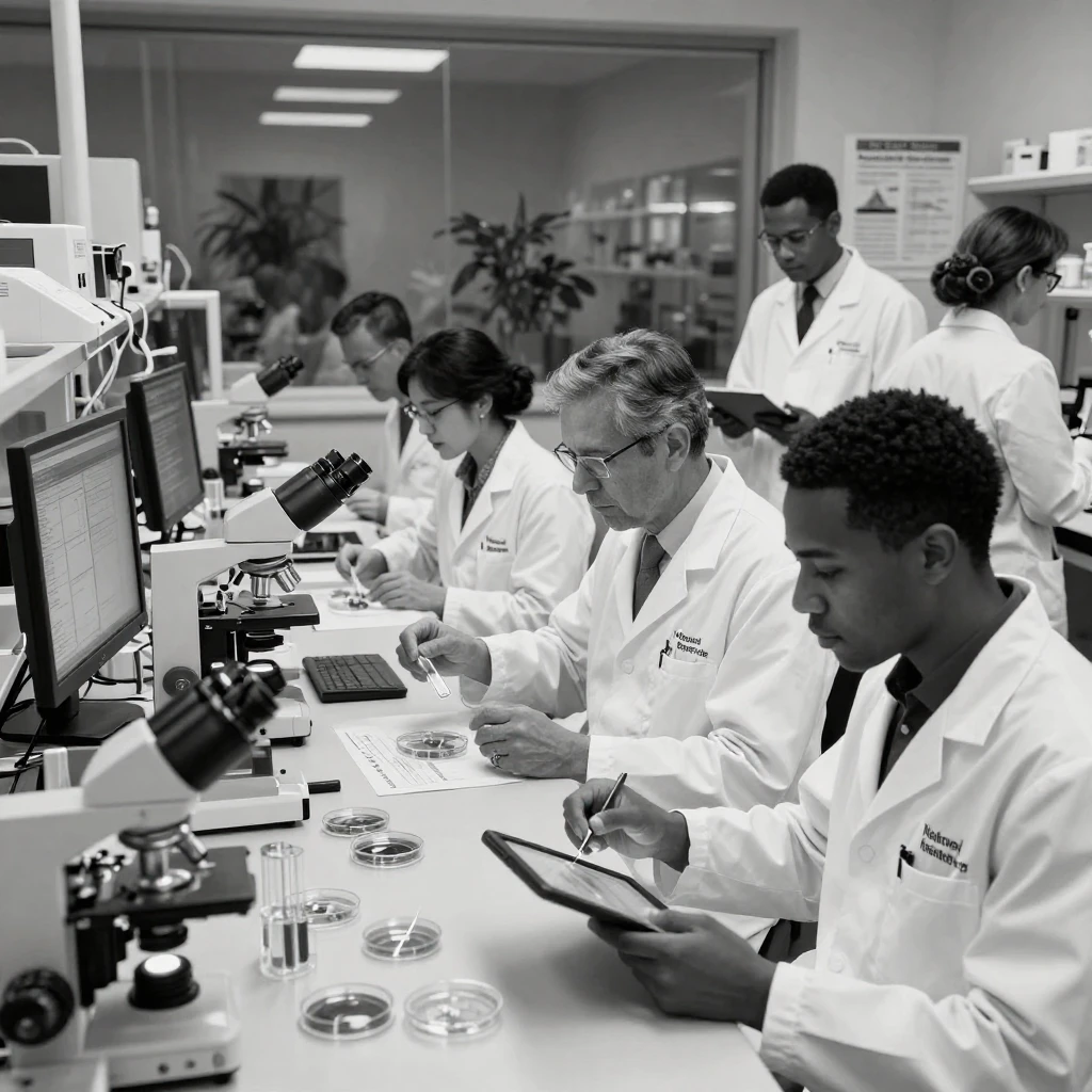 A group of scientists studies samples collected from the field in a state-of-the-art laboratory.