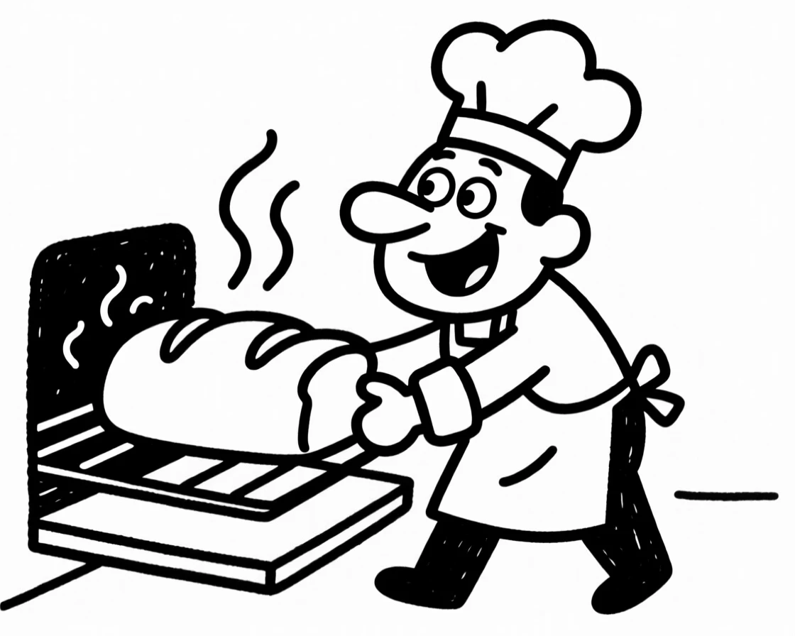 A baker pulling a fresh loaf of bread out of the oven, steam rising.