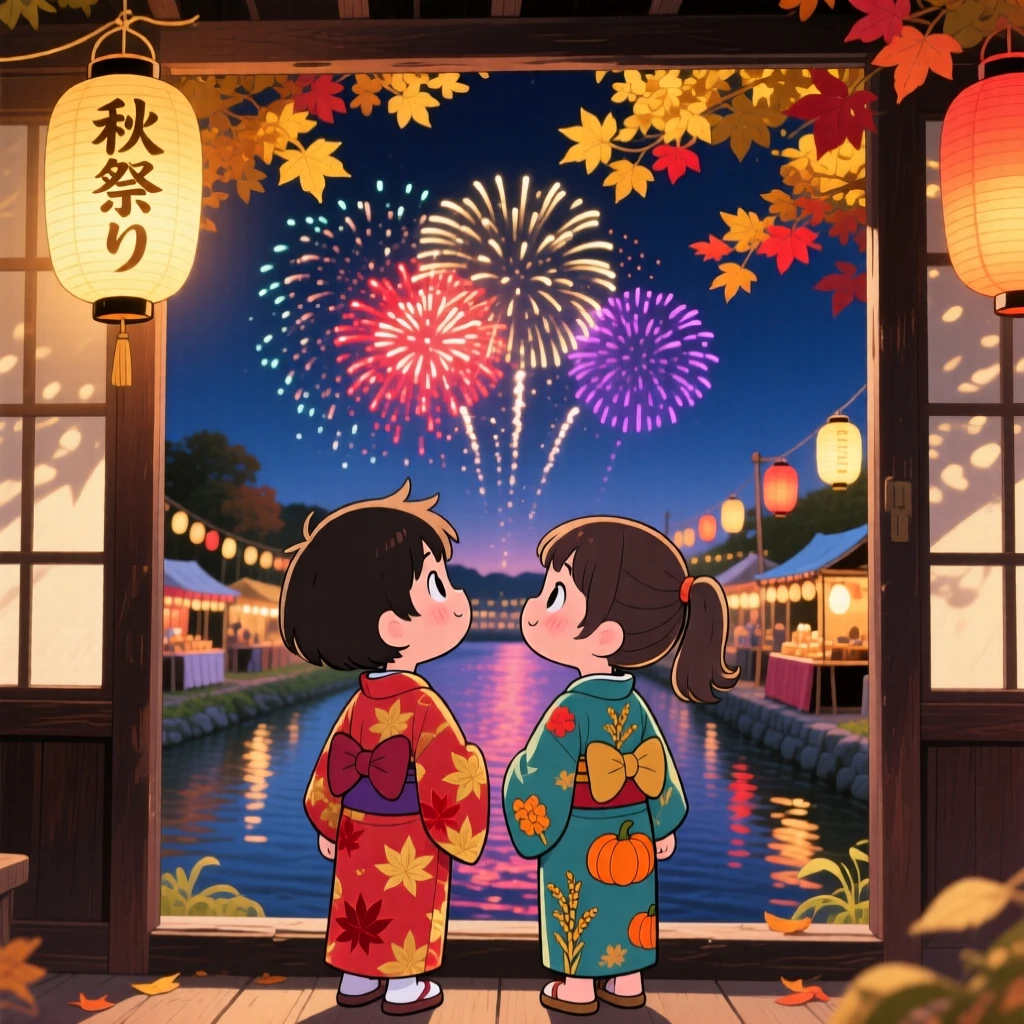 Children in yukata robes watching fireworks bloom over a summer festival, framed as a framed through a window within a riverside festival at night, during golden autumn harvest season, glowing under dappled sunlight through a canopy, evoking eager anticipation.