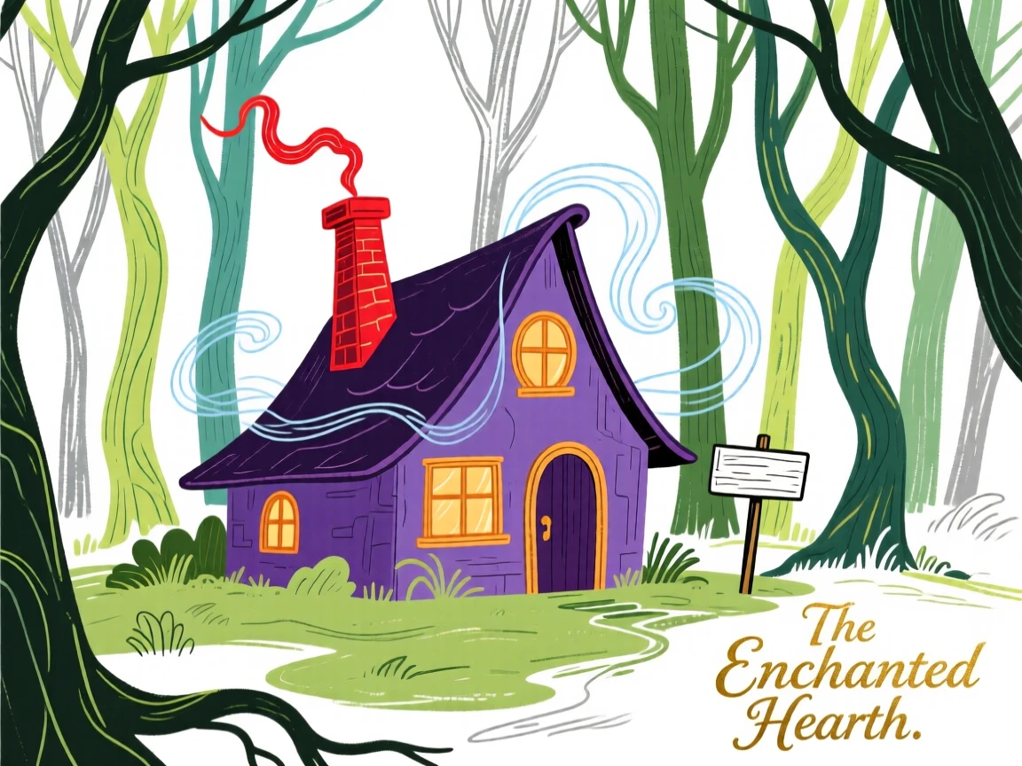 A witch's cottage with a crooked chimney deep in the woods.