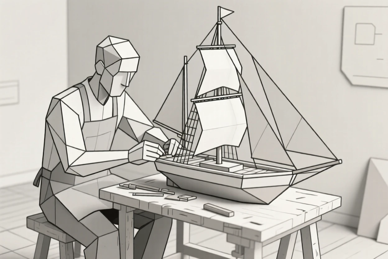 A model shipbuilder assembling a miniature sailing vessel