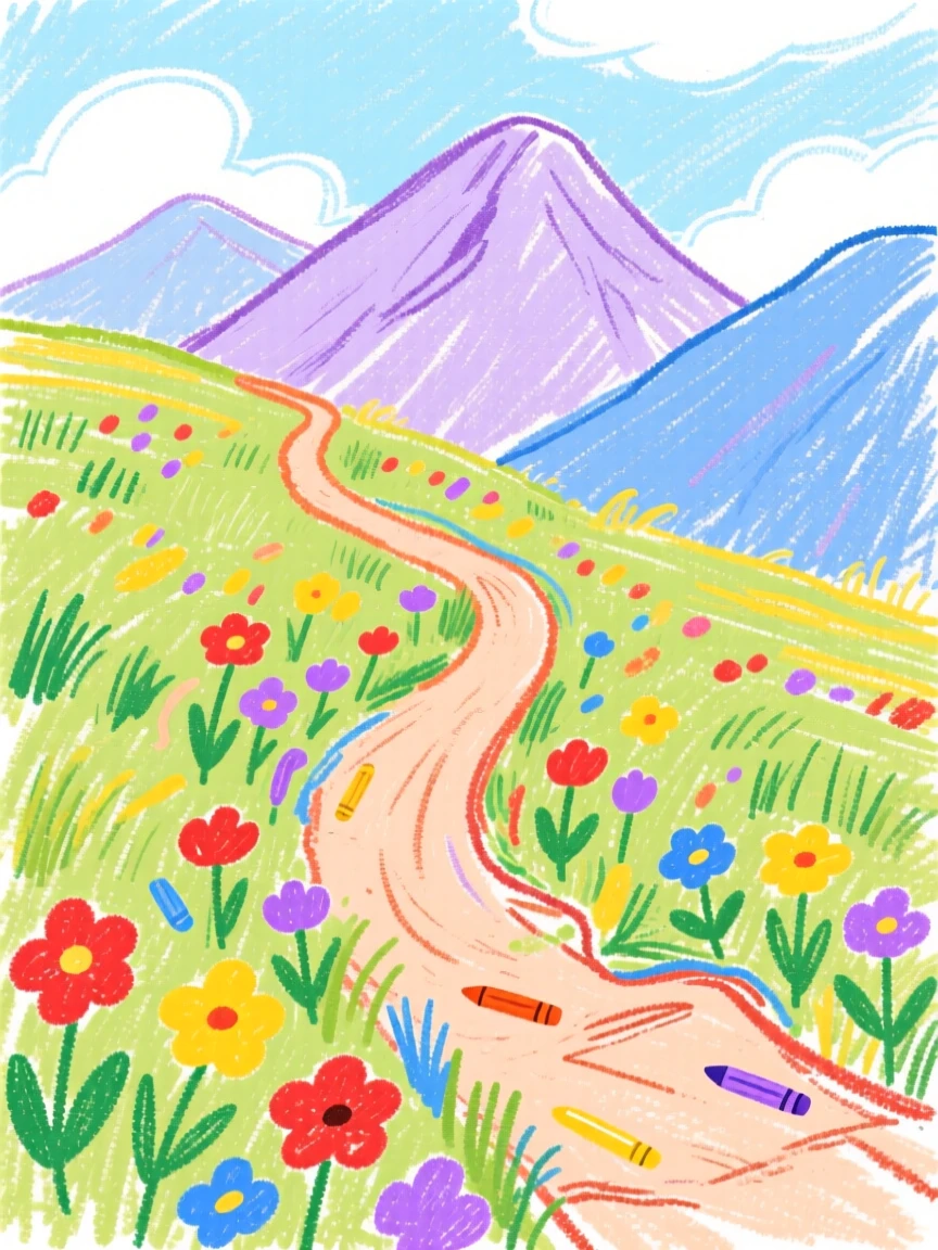A winding mountain trail leading up through wildflower meadows.