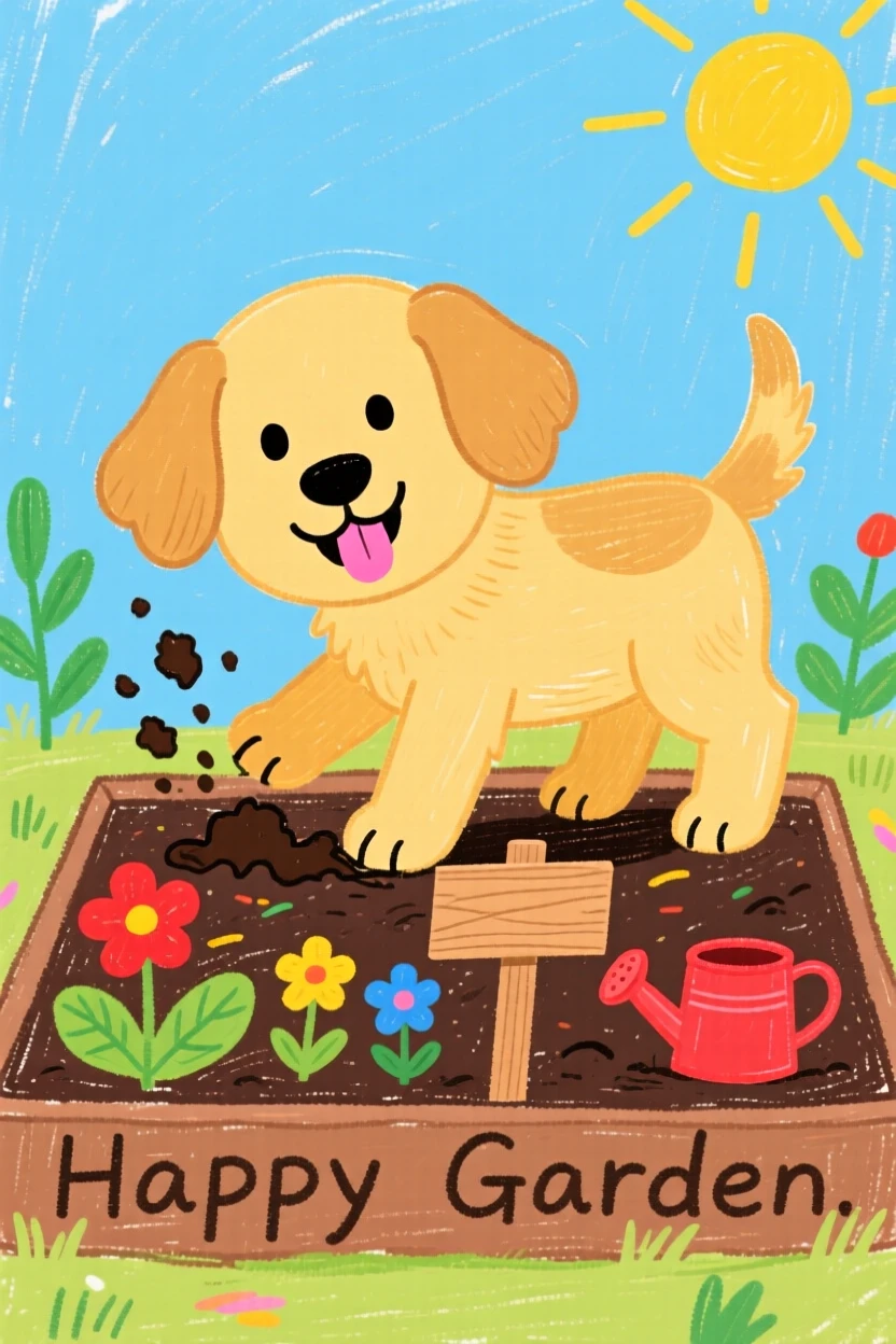 A golden retriever puppy digging happily in a garden bed.