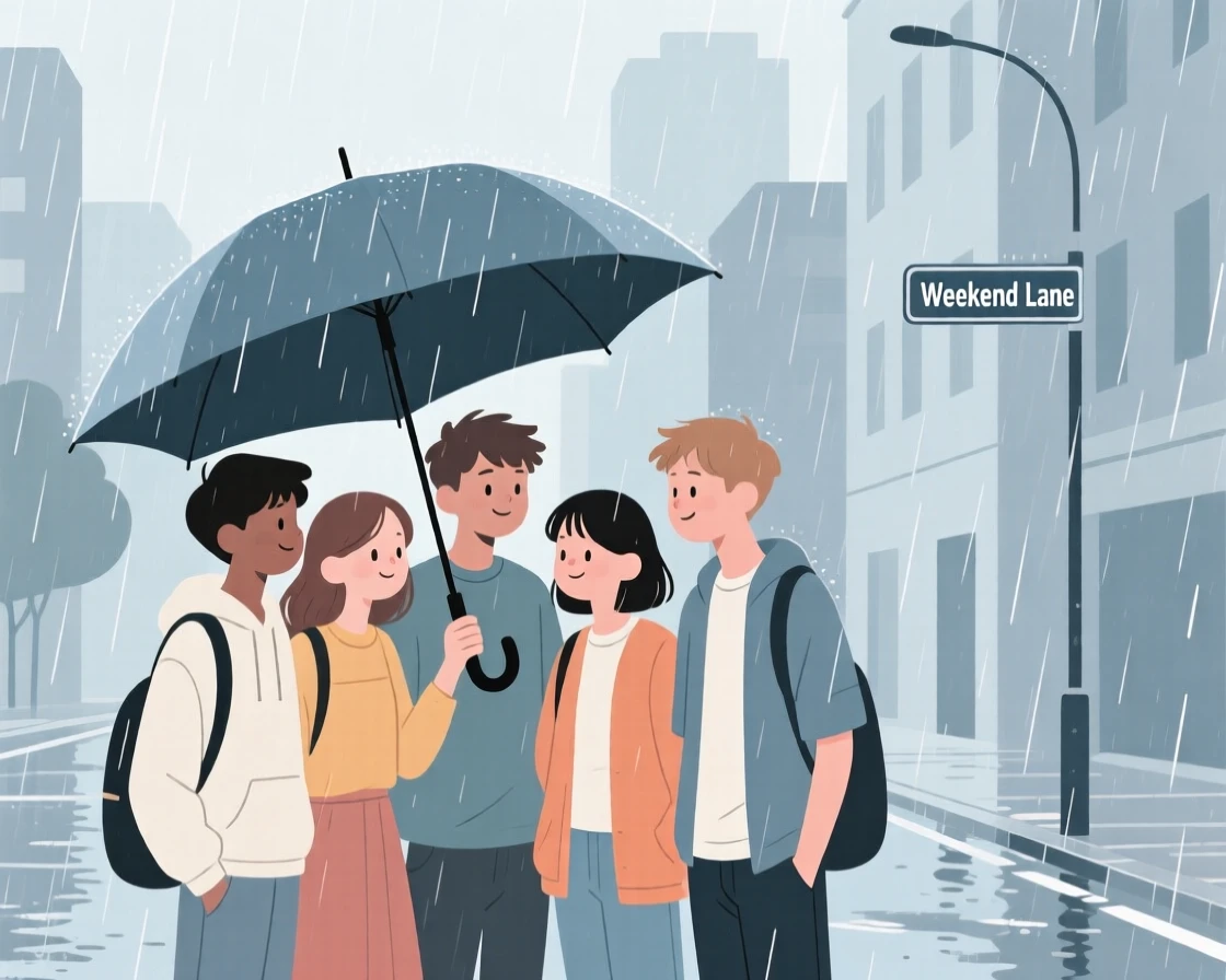 A group of students sharing an umbrella in the rain on a quiet weekend afternoon in the city.