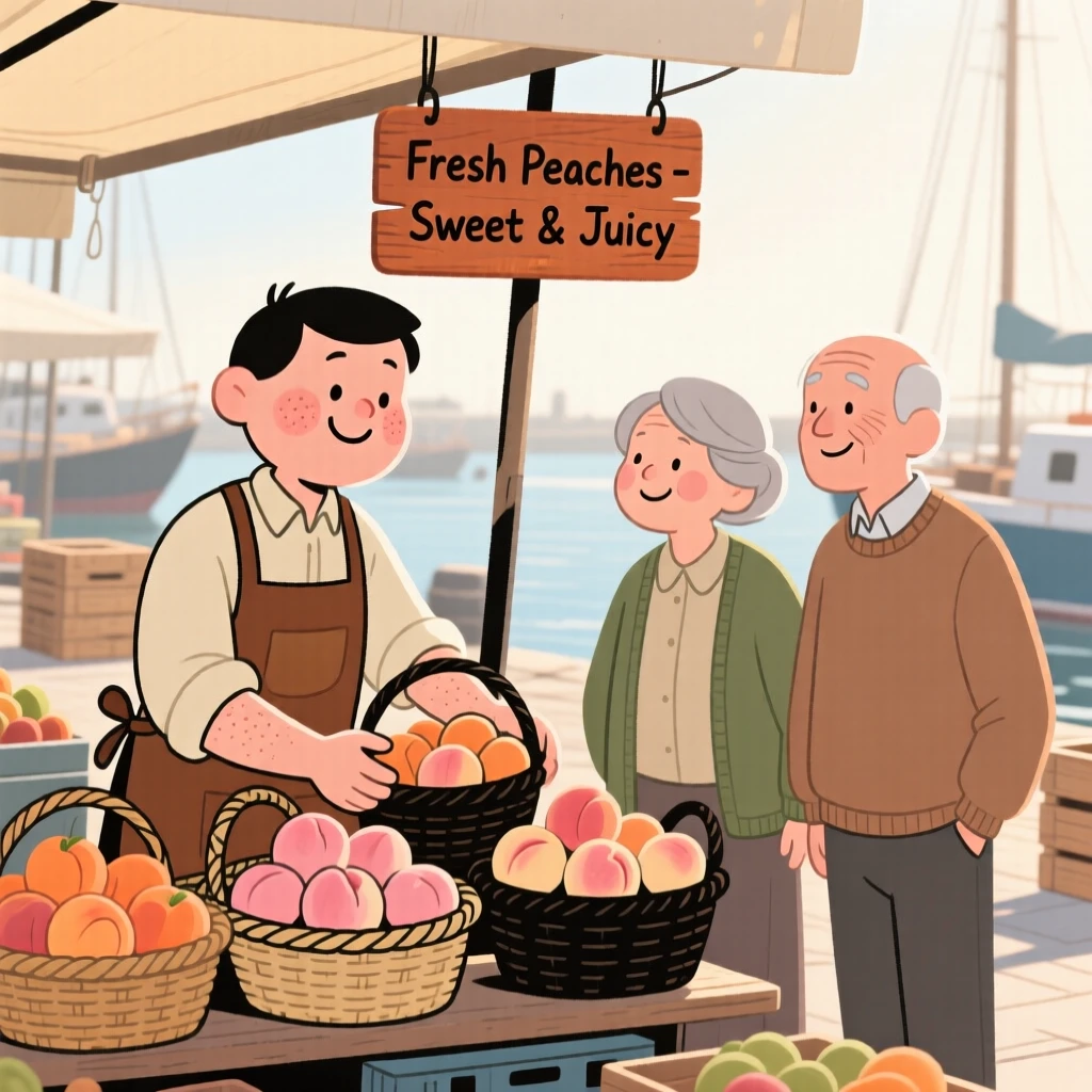 A fruit vendor arranges baskets of ripe peaches at a bustling harbor market, greeting an elderly couple with a warm smile in the morning sun.
