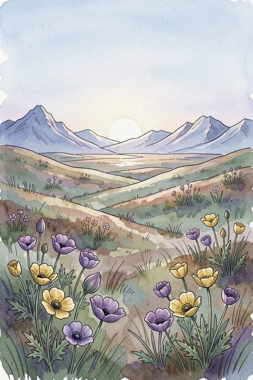 A remote tundra landscape dotted with wildflowers under a low arctic sun, the scene bathed in the soft blue light of early dawn.