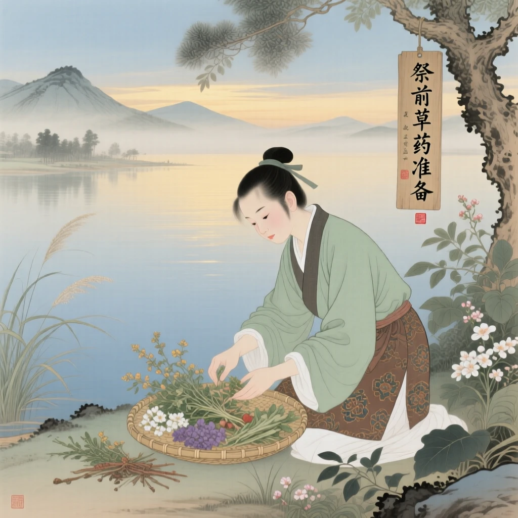 A young herbalist preparing for tomorrow's festival at the edge of a quiet lake