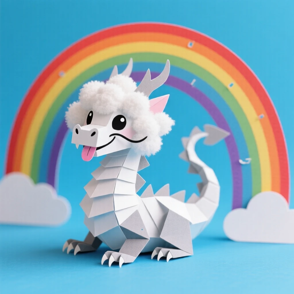 A tiny fluffy cloud dragon curling playfully around a rainbow in a bright blue sky, evoking joyful fantasy charm.