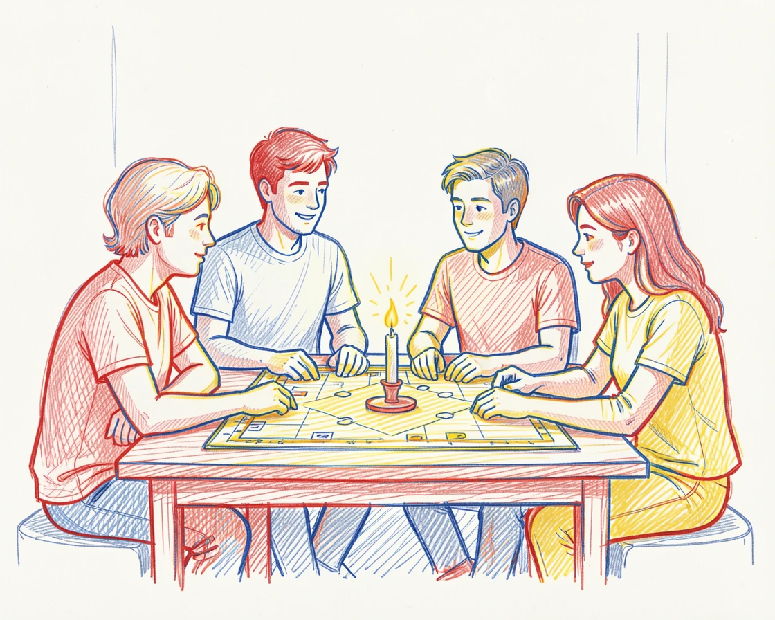 A group of friends playing board games together around a candlelit table