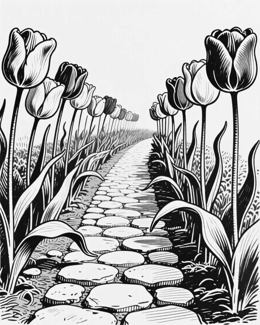 A row of tulips in vibrant colors lining a garden path.