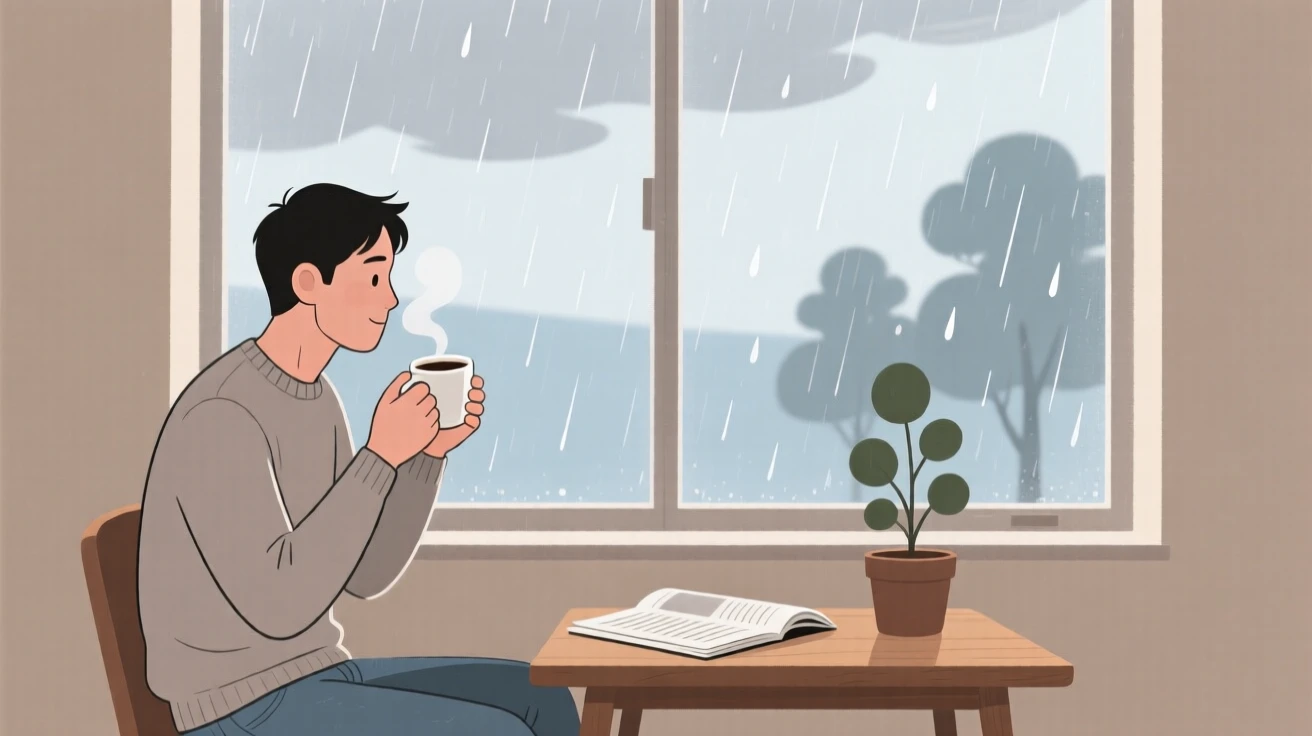 A young father enjoying a quiet cup of coffee by a window on a rainy morning.