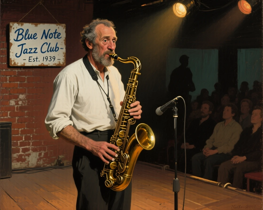 A jazz musician lost in the moment, saxophone gleaming under stage lights, with genuine, unguarded emotion visible in the eyes, radiating authenticity and heartfelt sincerity