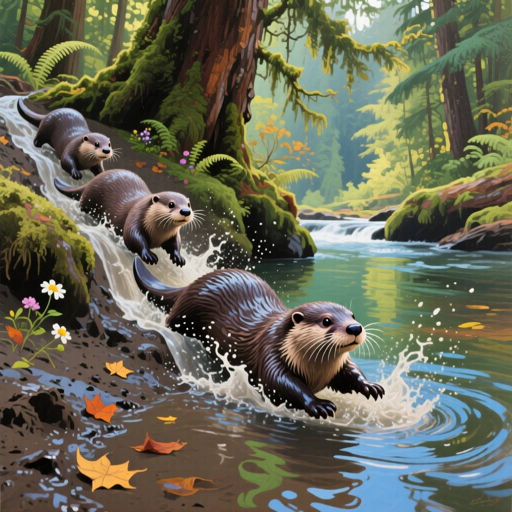 A family of otters plays and slides down a muddy riverbank into the water, splashing joyfully in a forest stream in the Pacific Northwest, its expression conveying a quiet intelligence as it surveys the world around it.