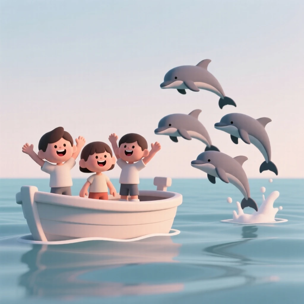 A playful group of dolphins swim alongside a small boat, leaping in unison beside cheering children.