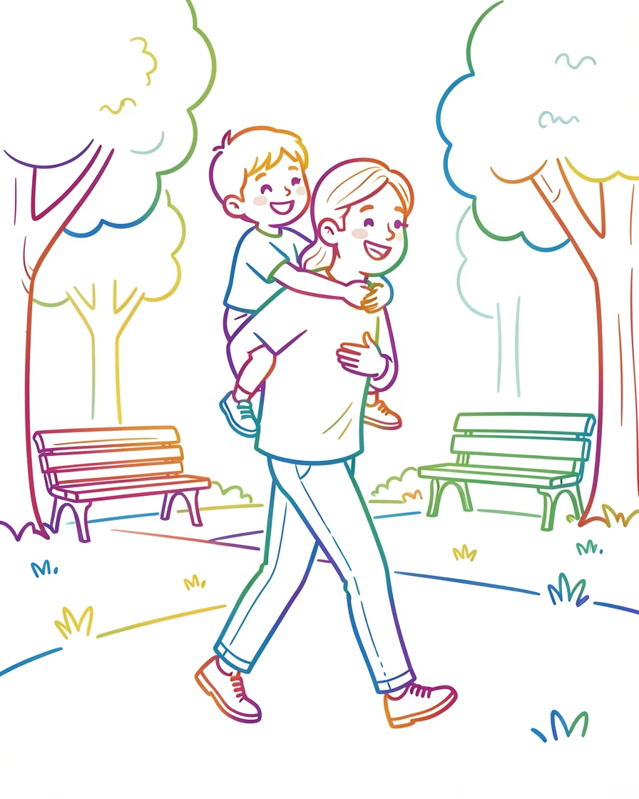 A child getting a piggyback ride from a parent through a park.