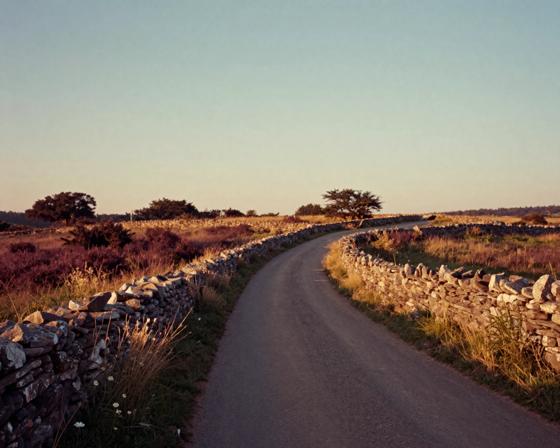 A winding country lane lined with old stone walls, in the last light of dusk, on a clear, cloudless day, during the long days of summer, with rich burgundy and gold accents, from a slightly elevated vantage point.
