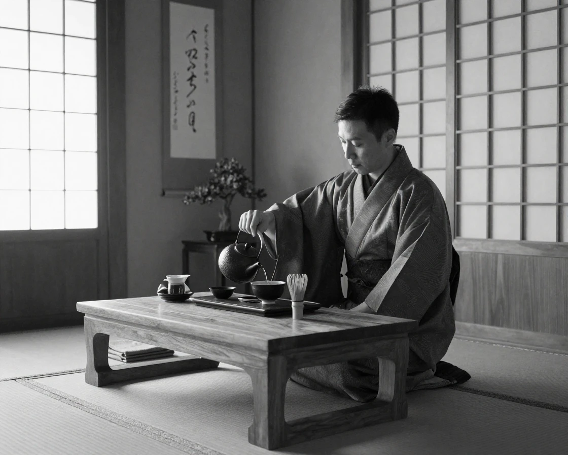 A traditional tea master pours tea in a slow, precise ritual inside a traditional tea house.