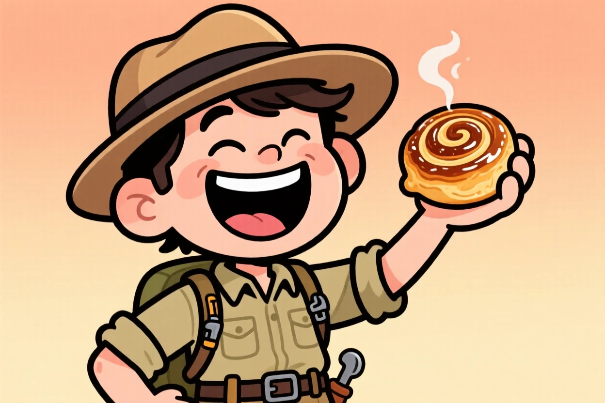 A charming portrait of a fearless explorer, laughing so hard their eyes squint shut, holding up a freshly baked treat.