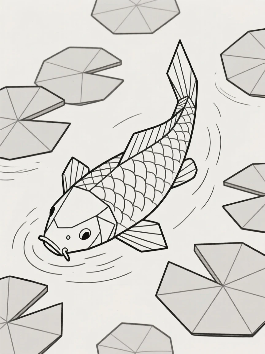 A koi fish swimming among lily pads