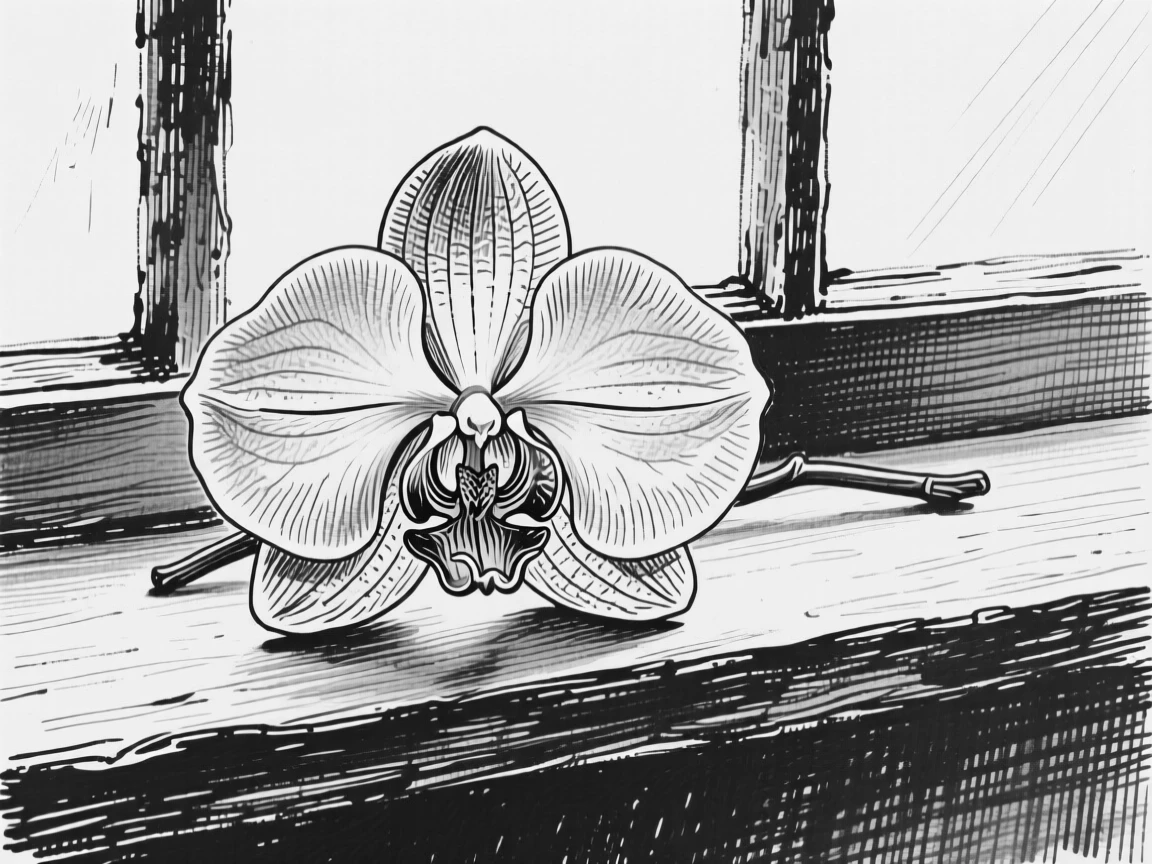 A single orchid blossom resting delicately on a windowsill.