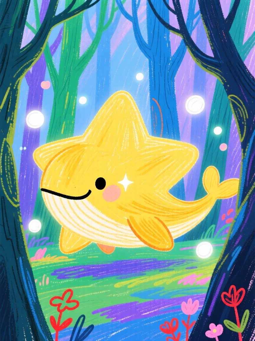 A star whale wandering through a glowing enchanted forest.