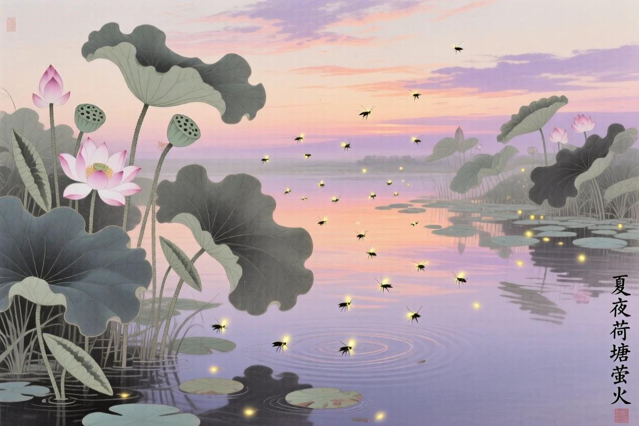 Fireflies rising above a lotus pond on a warm summer evening, beneath a sky streaked with the colors of early morning