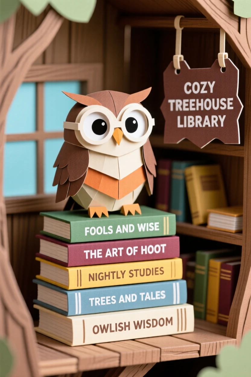 A small owl wearing round spectacles perched atop a stack of tiny books in a cozy treehouse library, evoking scholarly cuteness.