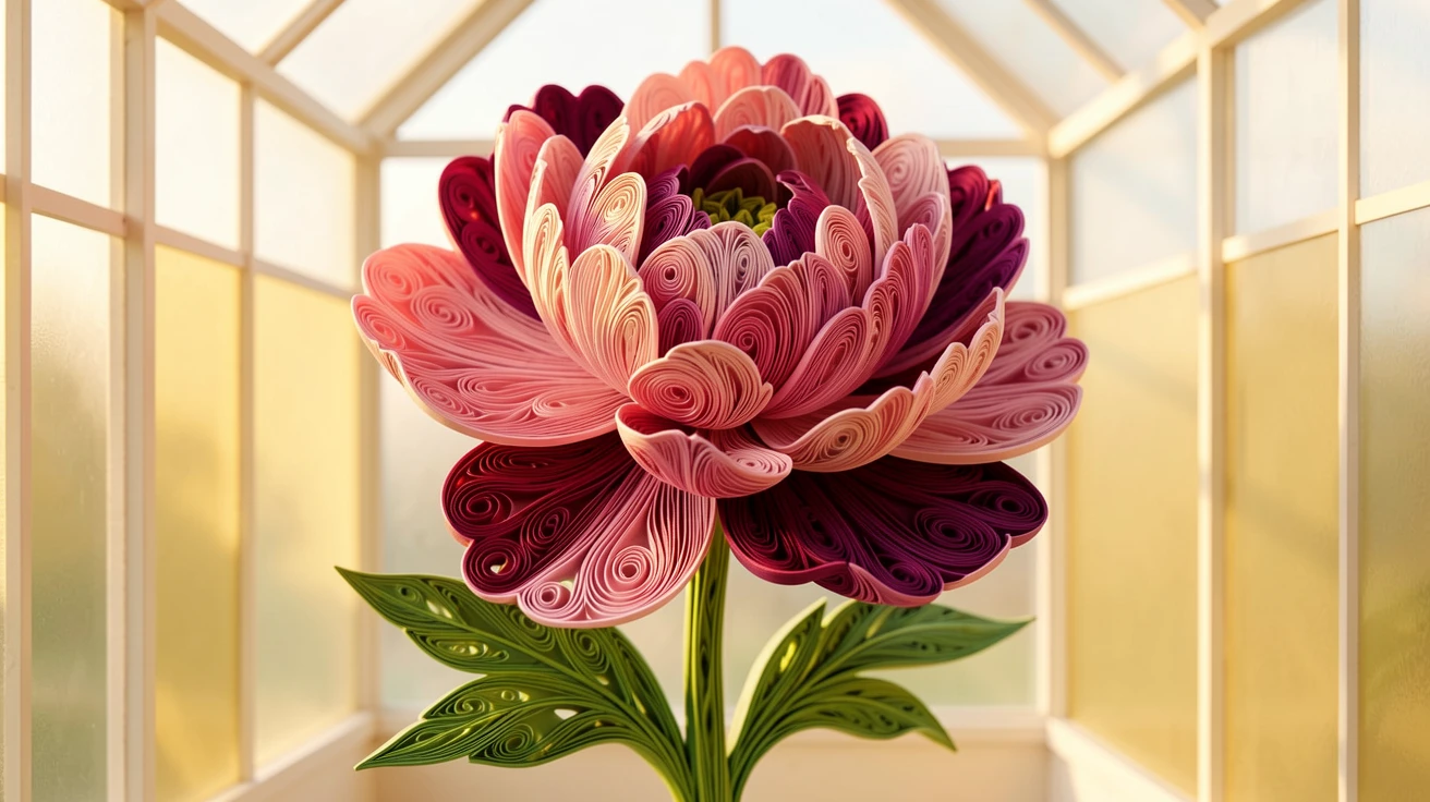 A serene botanical study of a single peony in full, ruffled bloom in a greenhouse filled with soft filtered light, with soft golden hour light washing over the scene, arranged with a single stem as the clear focal point.