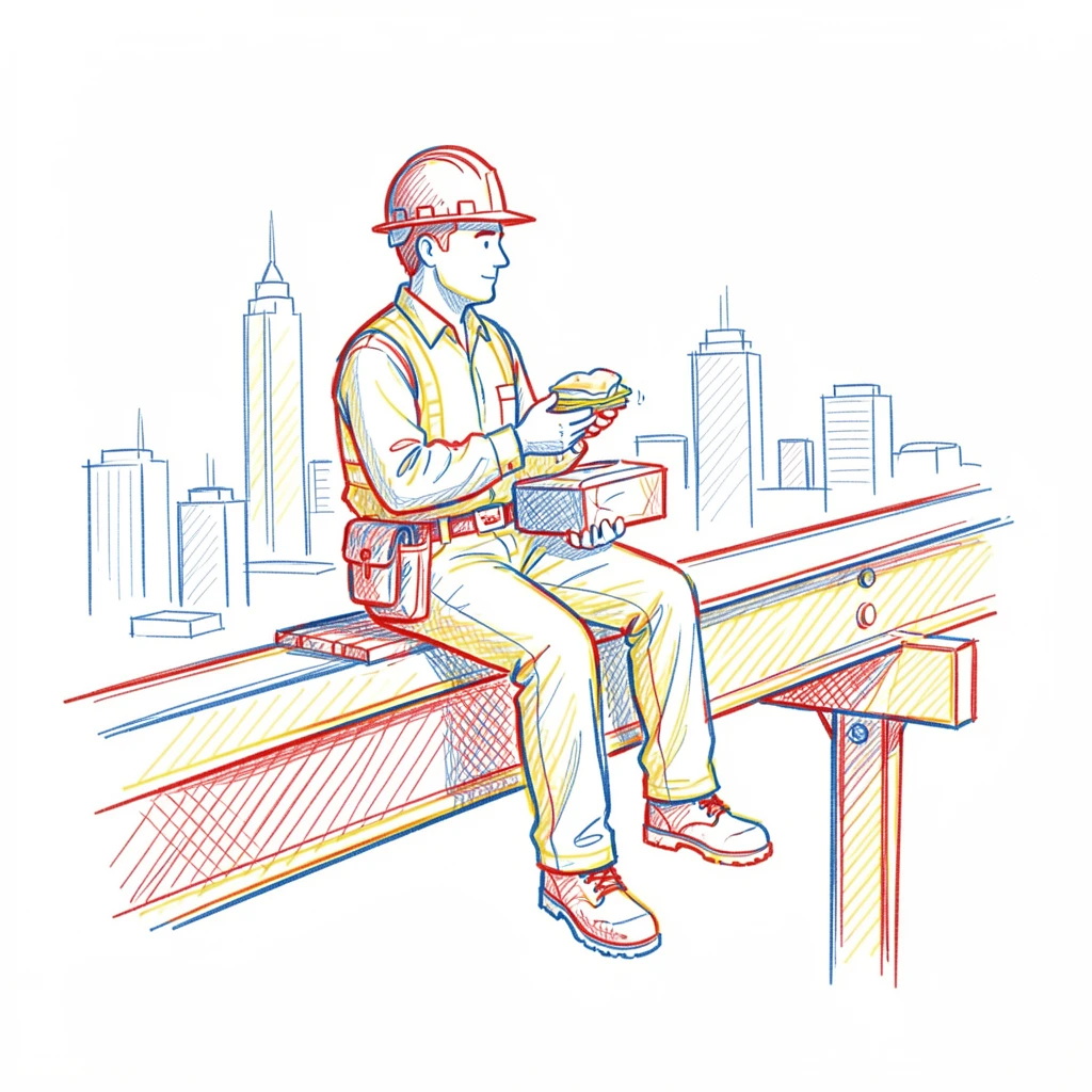 A construction worker taking a lunch break high above the city skyline