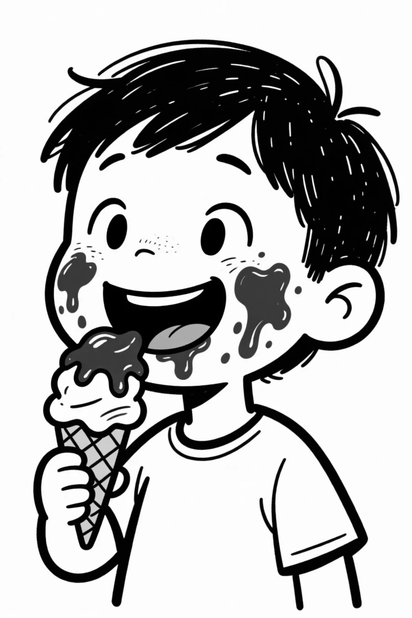 A kid with chocolate all over their face after eating an ice cream cone.