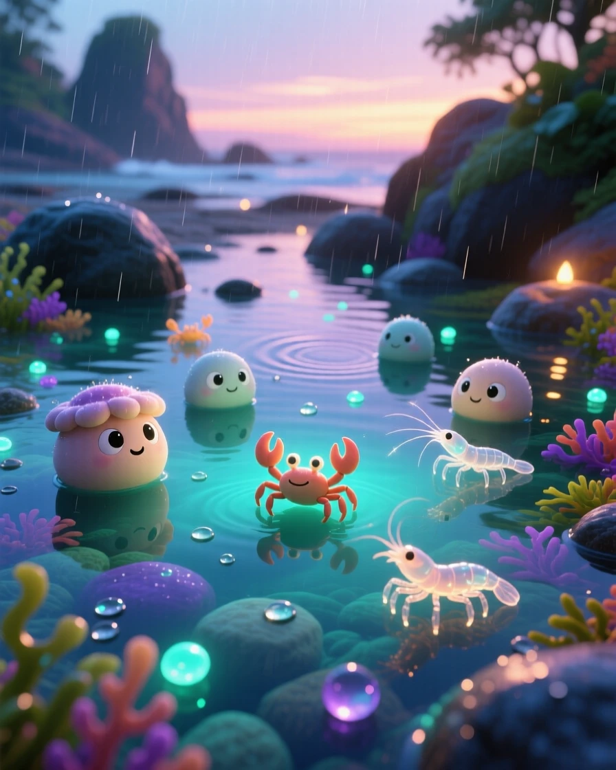 A tide pool full of tiny creatures glows while a gentle rain begins to fall, with reflections shimmering perfectly on the water's surface. A gentle reverence for nature's beauty lingers here.