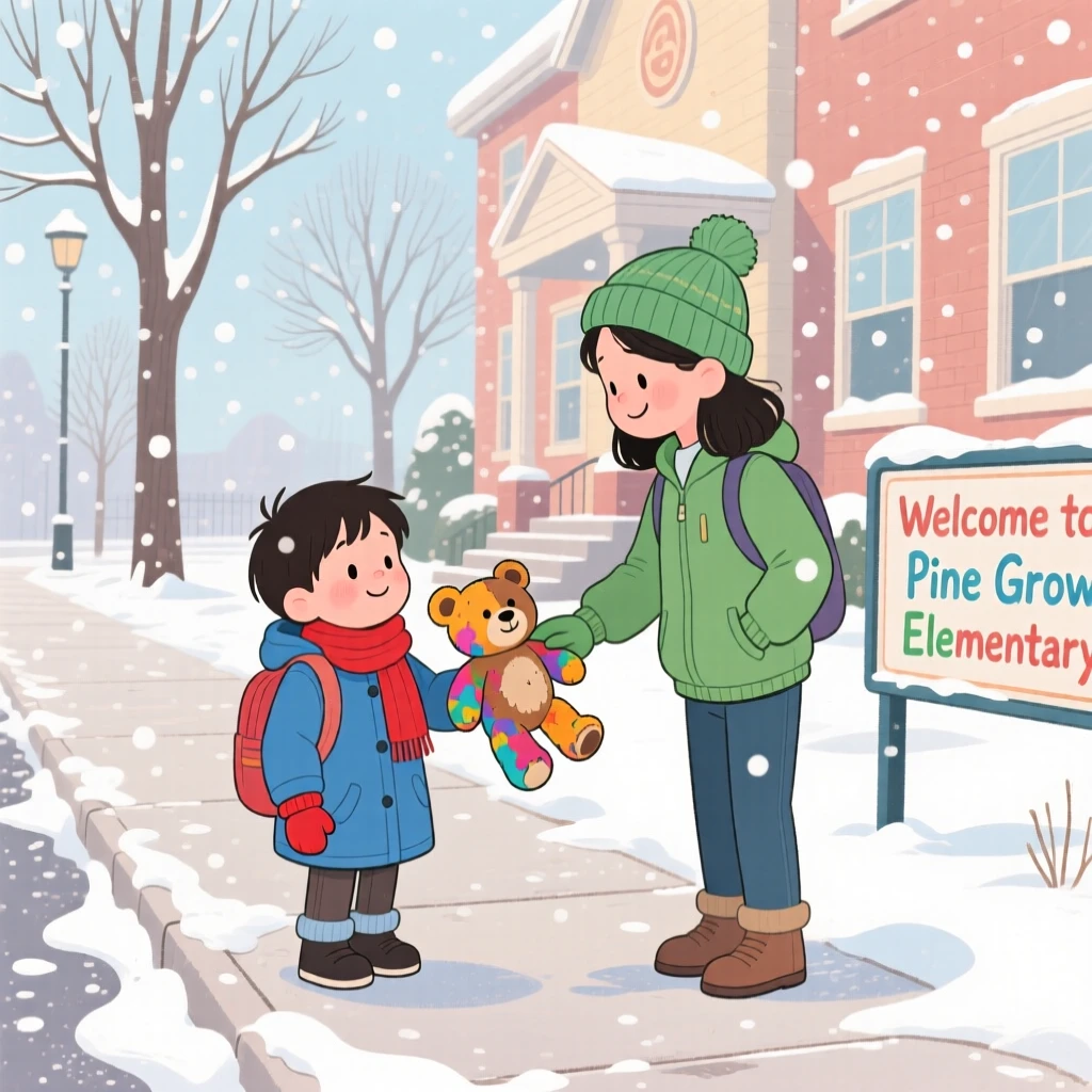 A lonely new student and a welcoming classmate share a tender moment returning a lost toy to its owner in a snowy sidewalk, with a gentle hand resting on a shoulder.