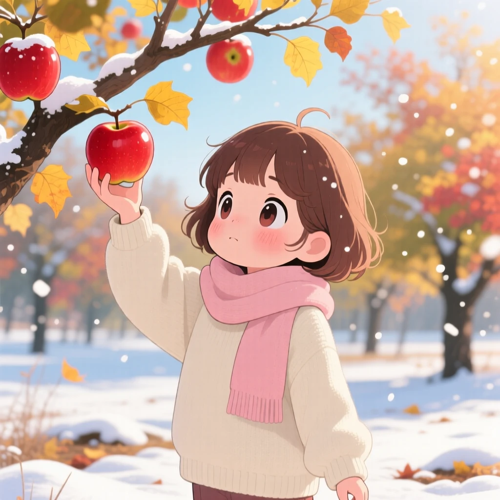 Waist-up portrait: a little girl, picking apples from a low orchard branch, set against a sunny autumn orchard during a cozy winter snowfall, with warm morning light filtering through leaves and a mood of shy bashfulness.