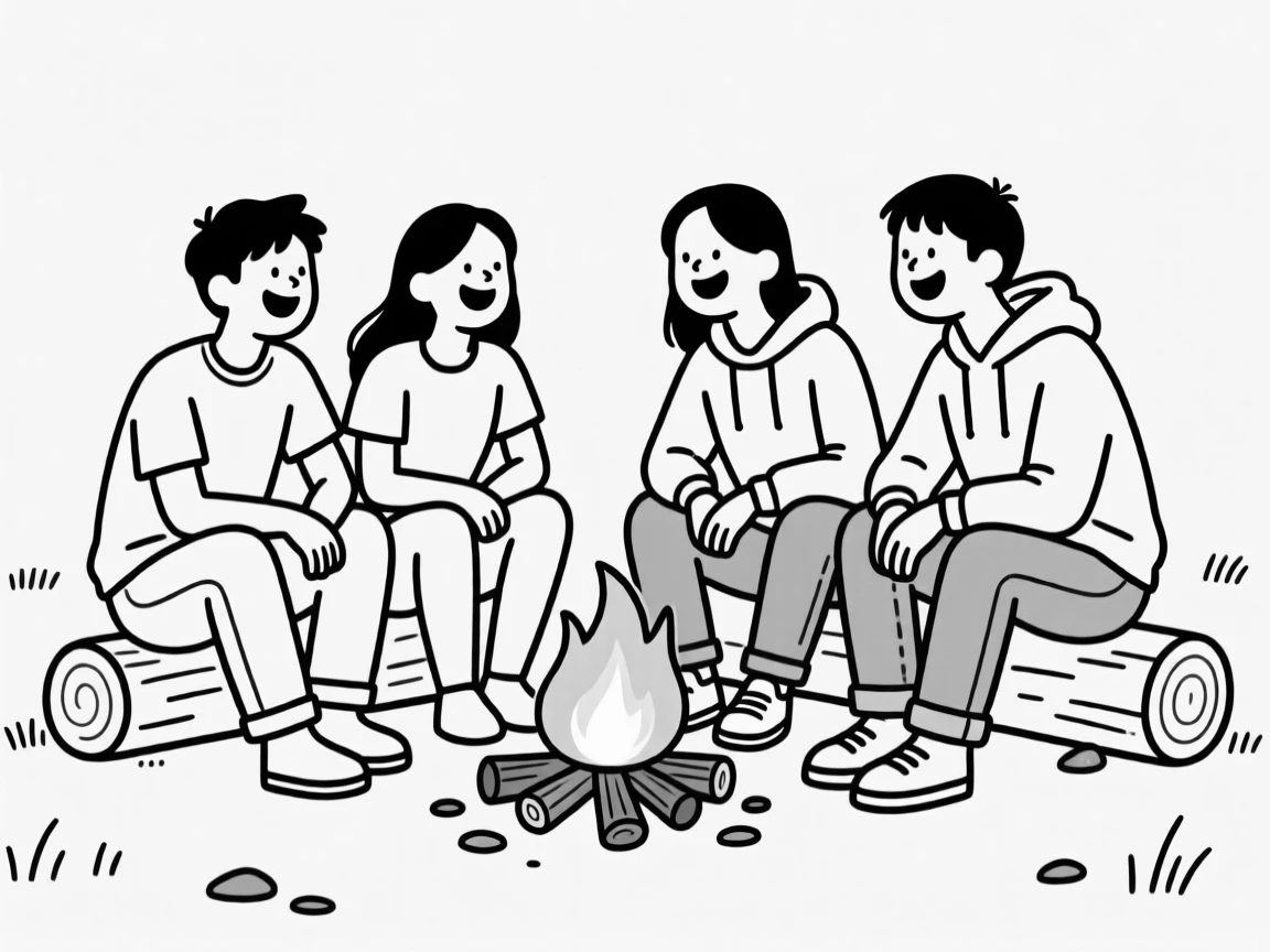 A group of friends laughing together around a campfire