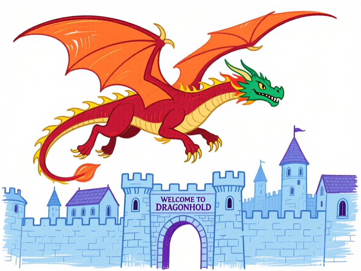 A dragon soaring above a medieval walled city.