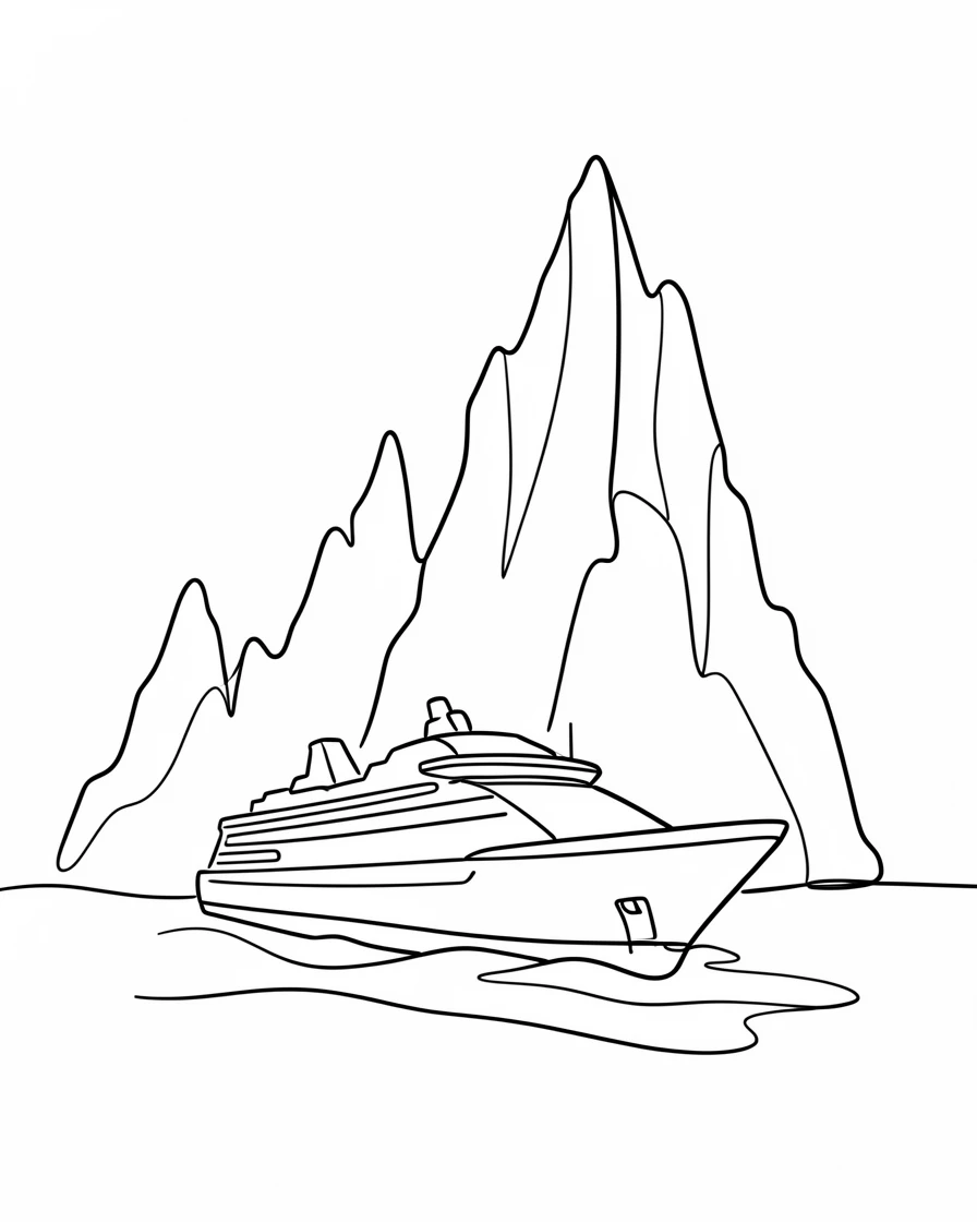 A cruise ship sailing past towering icebergs in a polar sea