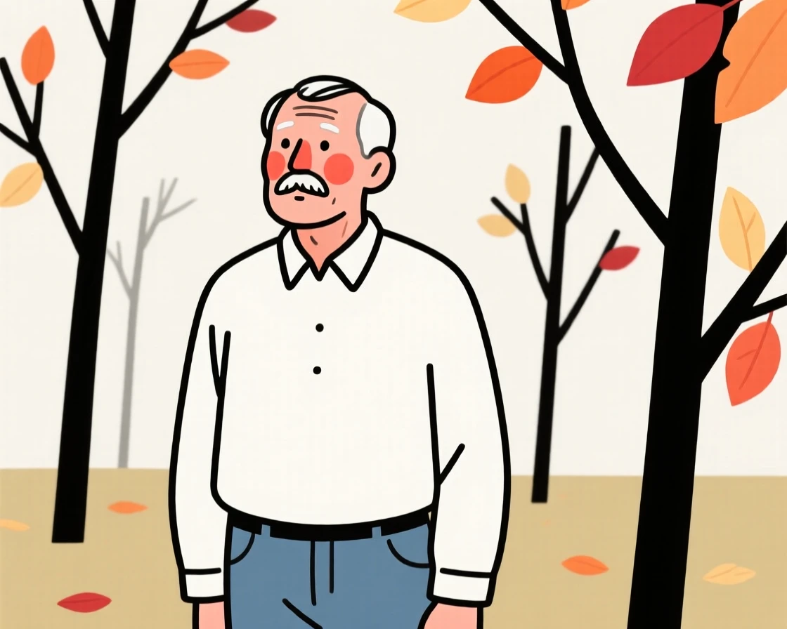 An elderly man of Russian heritage in a crisp white shirt and jeans, full of curious wonder, in an autumn orchard.
