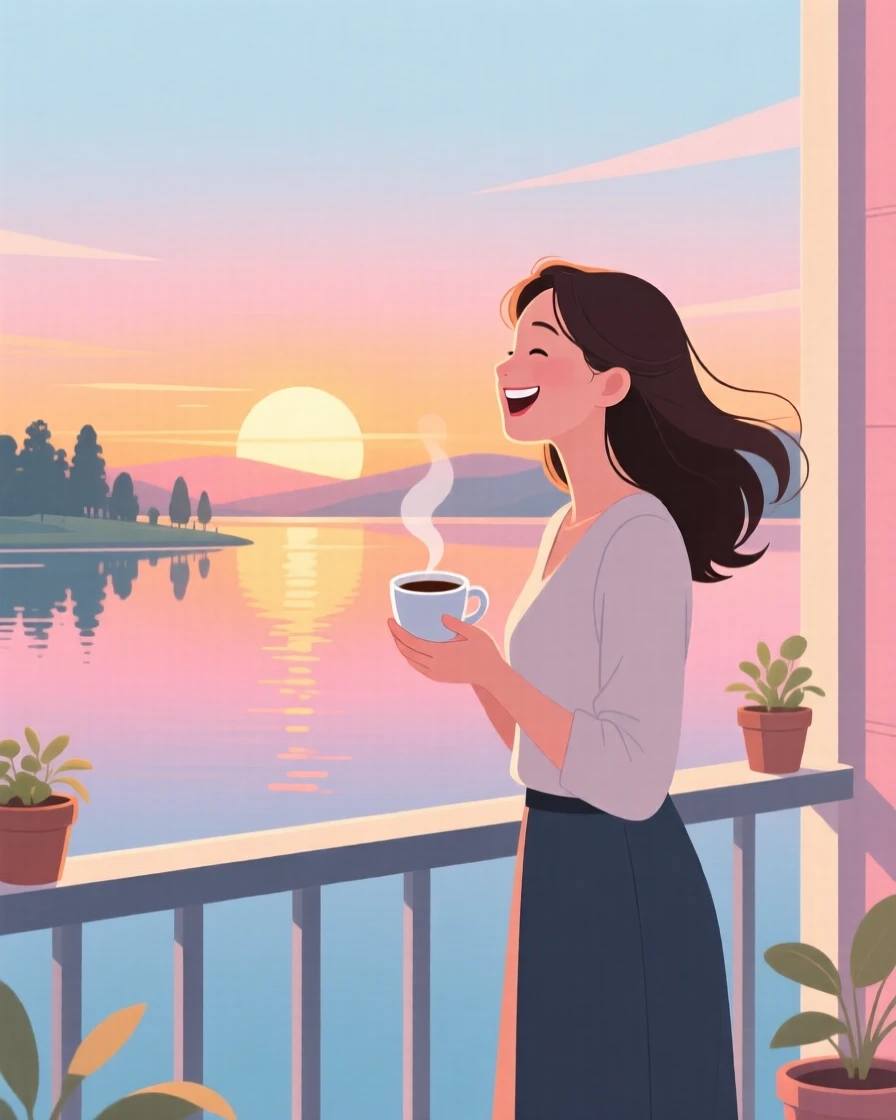 A woman sipping coffee while watching the sunrise from her balcony, beside a calm lake reflecting the sky, arranged with the subject slightly off-center for a natural feel, with small joyful details like flying hair or bright laughter.