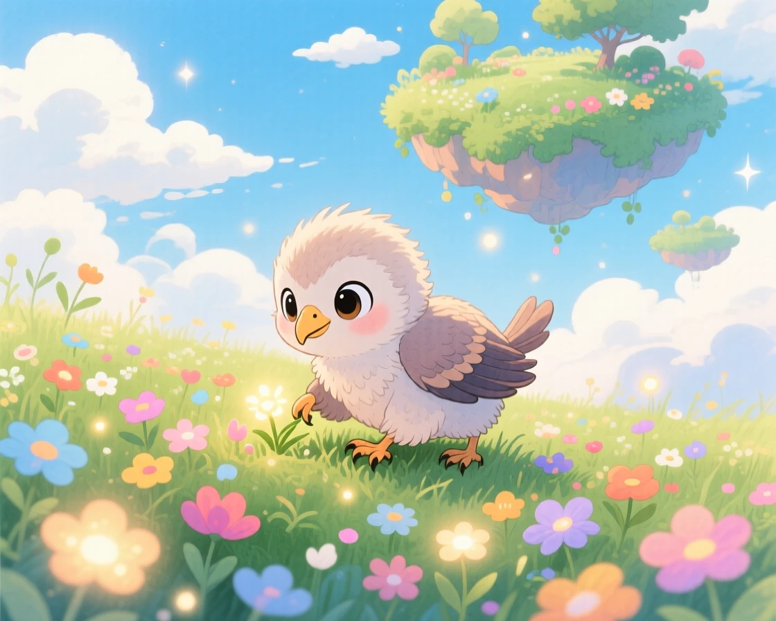 A curious baby griffin grazing peacefully in a meadow of glowing flowers, in a floating garden above the clouds, sparking pure childlike delight.