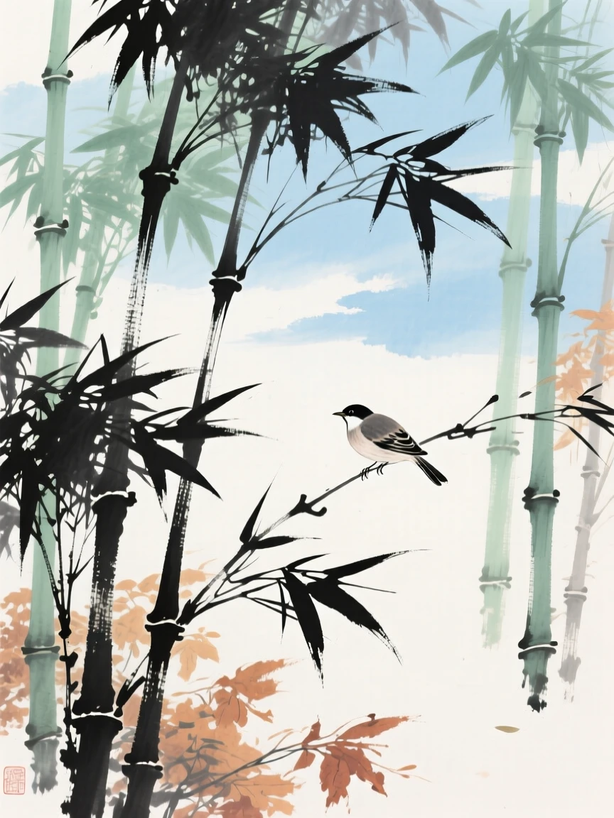 Bamboo swaying gently with a small bird sheltering among the leaves, at the turn of autumn, under clearing skies after a storm.